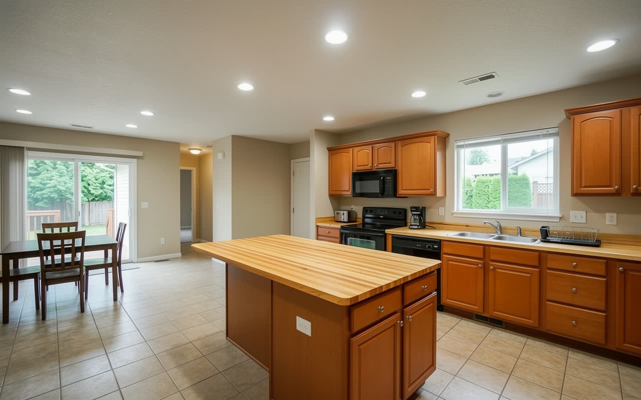 The same kitchen with oak butcher block countertops