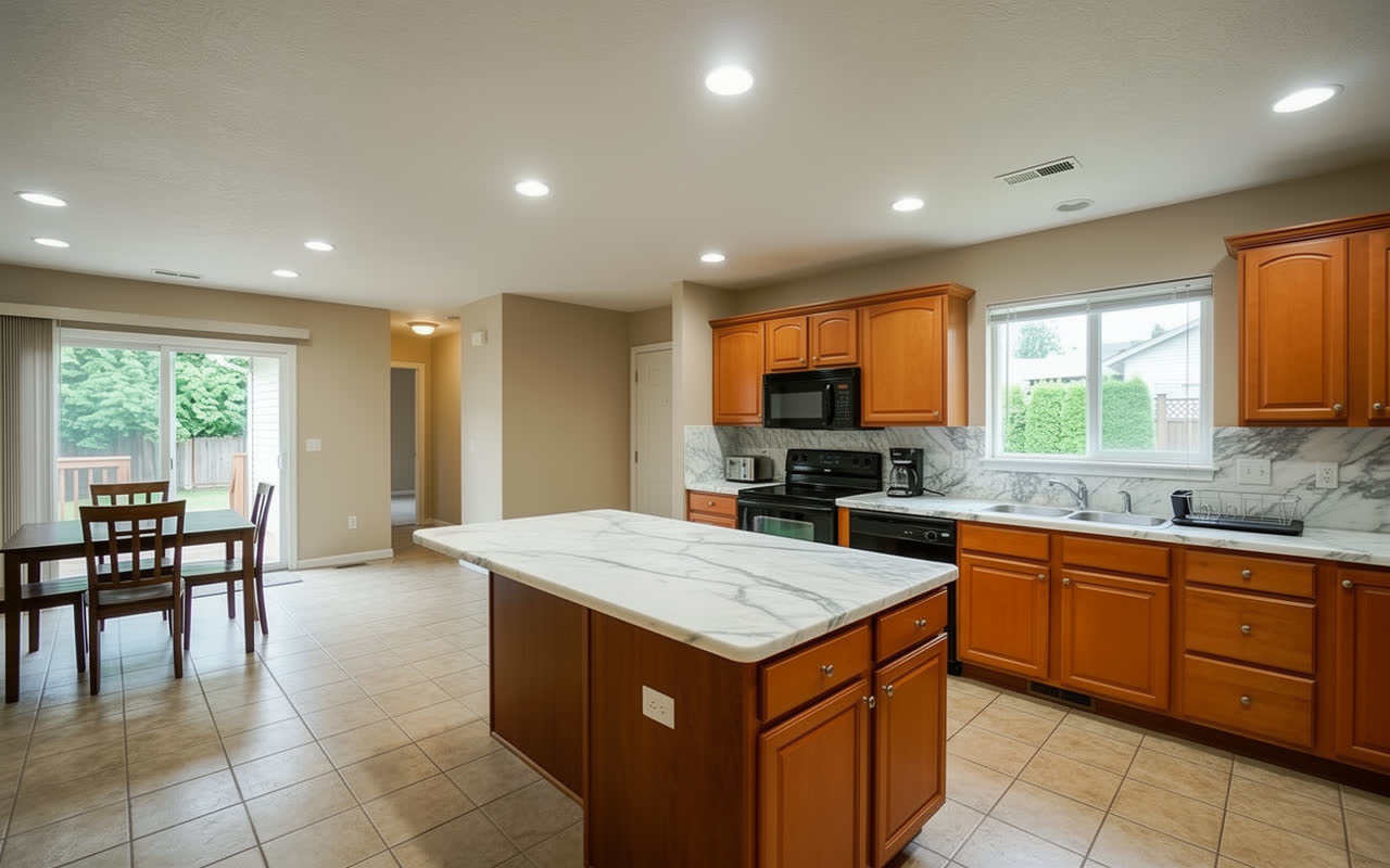 The same kitchen with Carrara marble countertops