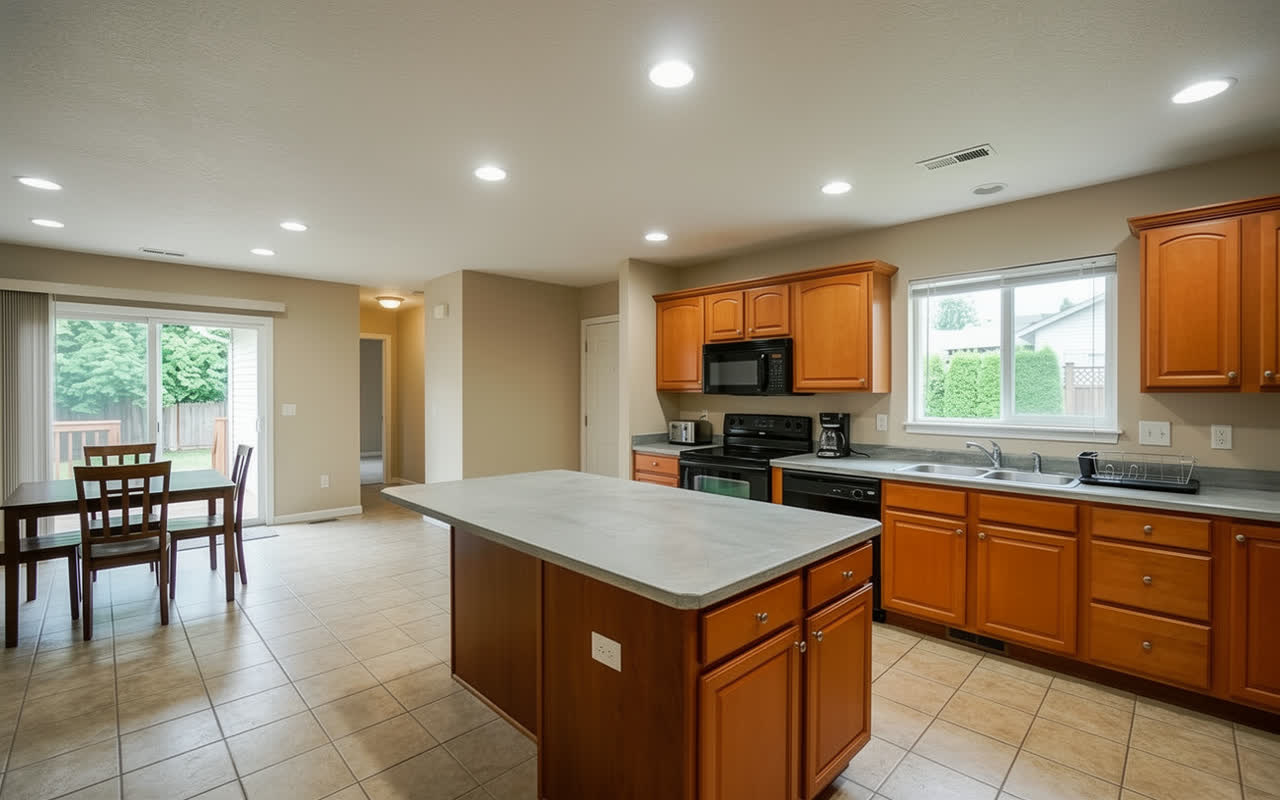 The same kitchen with honed gray concrete countertops