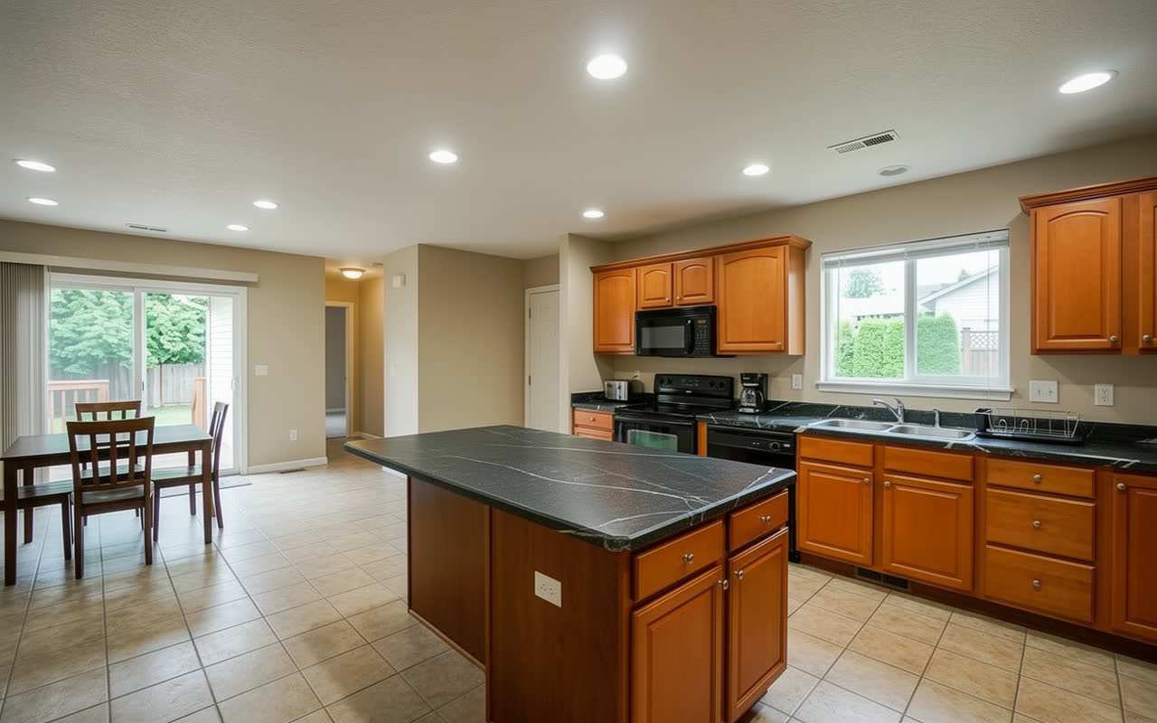 The same kitchen with dark soapstone countertops