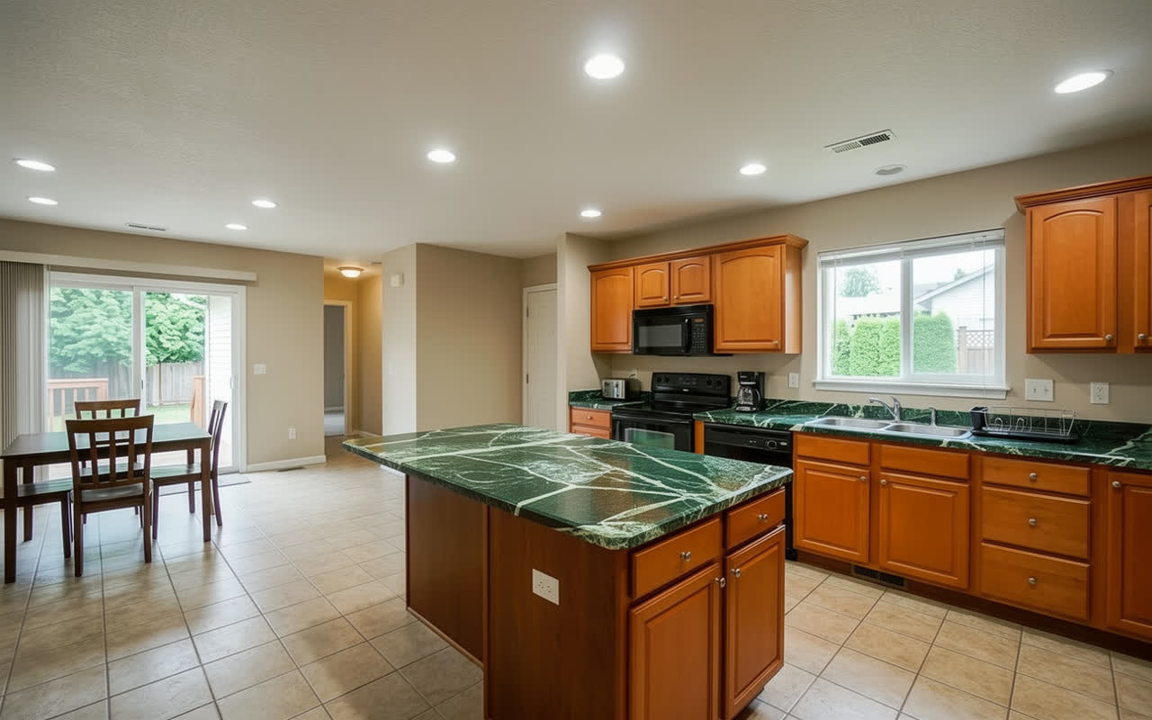 The same kitchen with deep green verde marble countertops