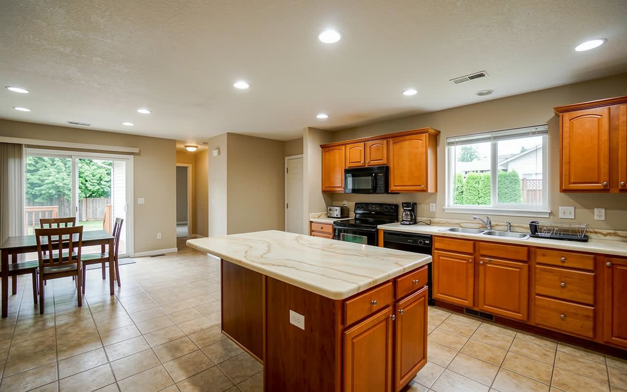 The same kitchen with creamy warm white quartzite countertops