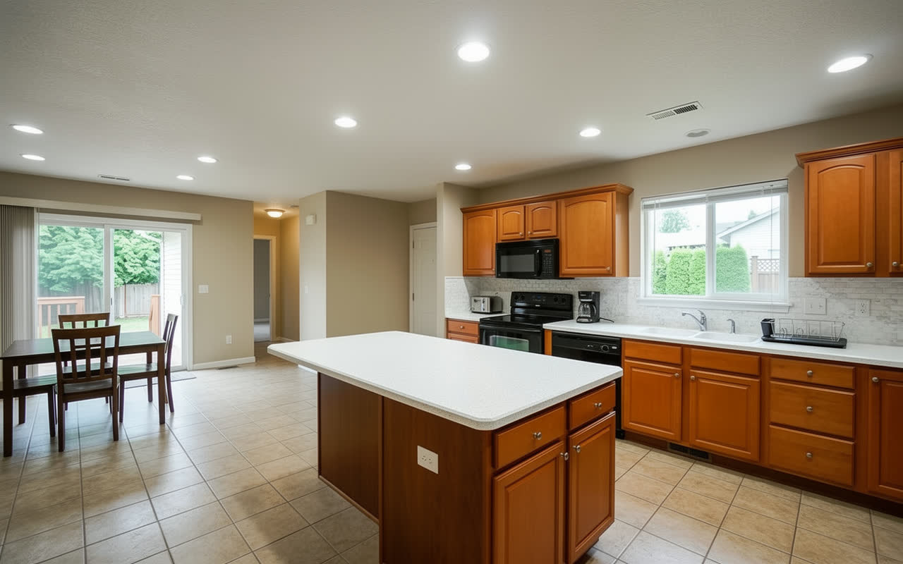 The same kitchen with white quartz countertops, cabinets, sink, faucet and cooktop unchanged