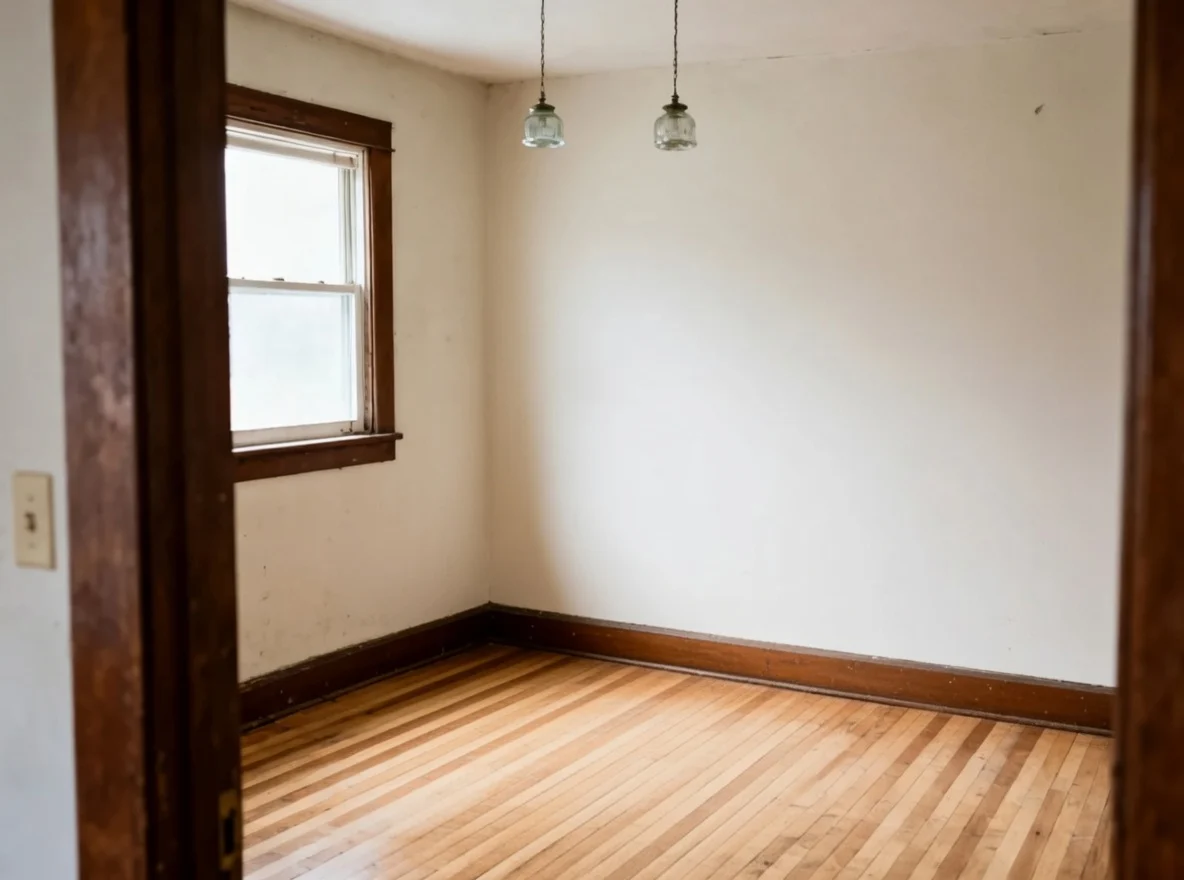 A room emptied down to bare wood floor and white walls, with two pendant lights and a dark stained door frame remaining