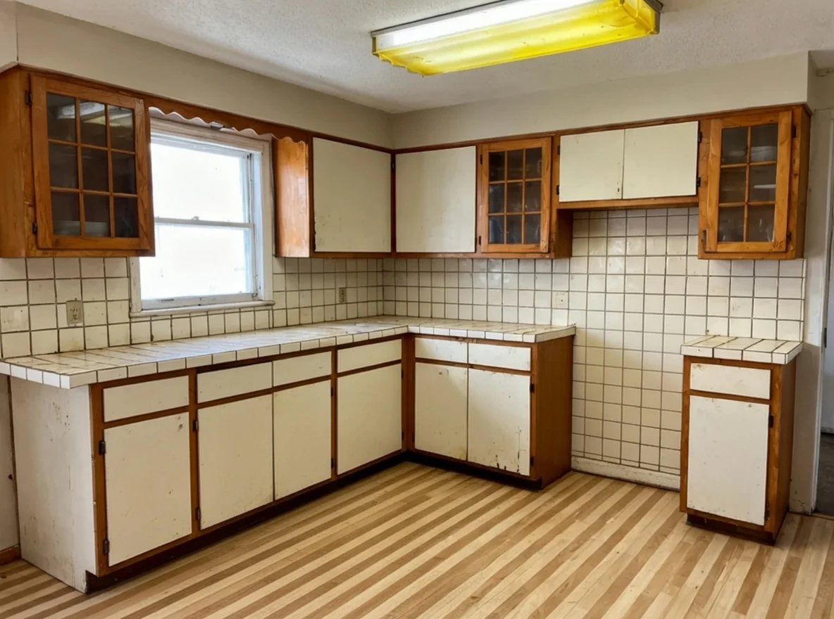 A U-shaped kitchen emptied of its stools, range, dishwasher and counter clutter, with the glass-front wall cabinets and the tiled backsplash left in place