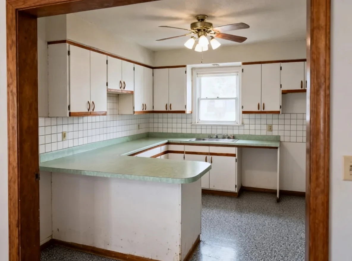 The same kitchen with the stools, the clutter and every appliance gone. The fitted cabinets, the green counters, the tiled backsplash and the ceiling fan are unchanged