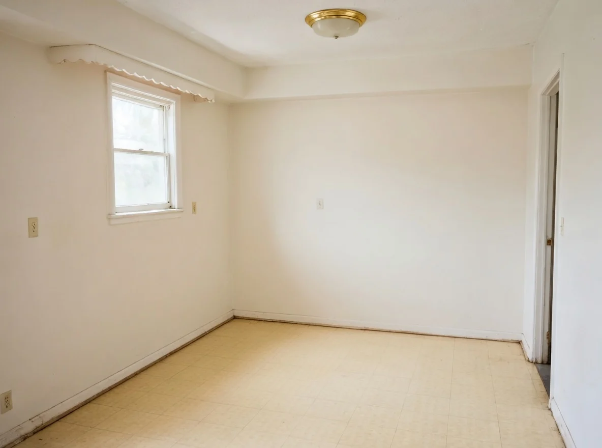 A room stripped back to bare walls and floor, with only the window, the ceiling light and the door frame left