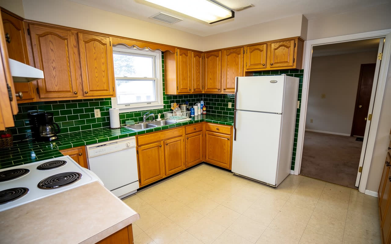 The same kitchen with deep green subway tile