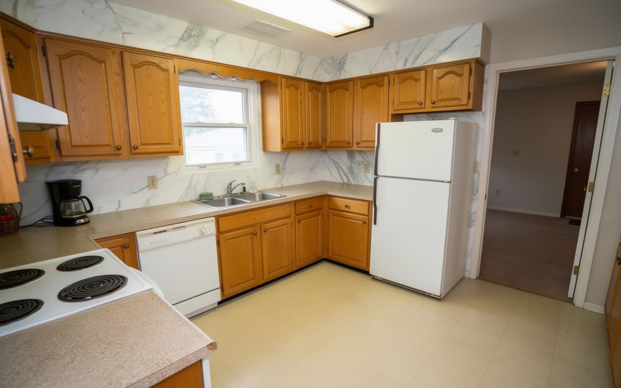 The same kitchen with a white marble slab backsplash run full height
