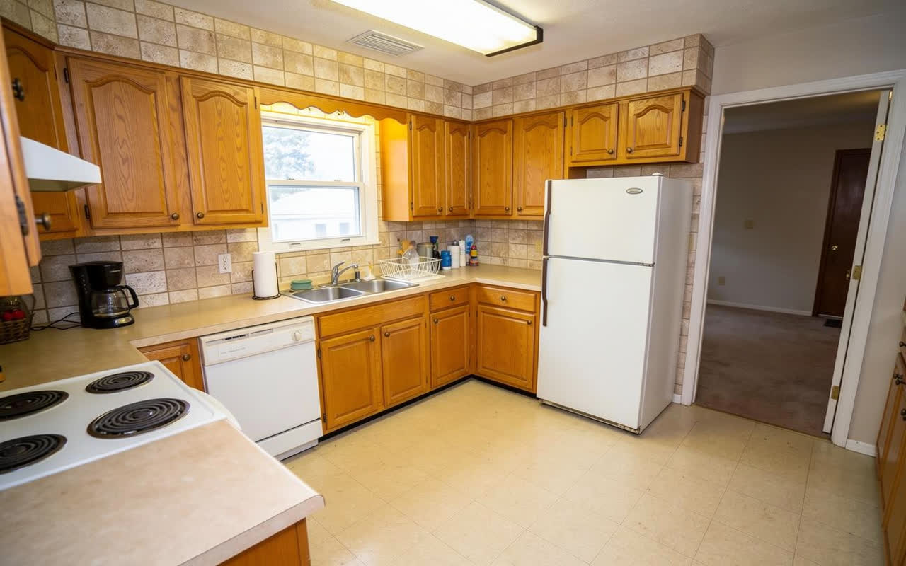 The same kitchen with warm cream travertine stone tile run full height
