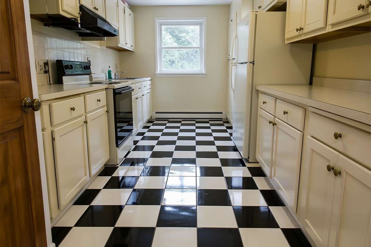 The same kitchen with a glossy black and white checkerboard tile floor
