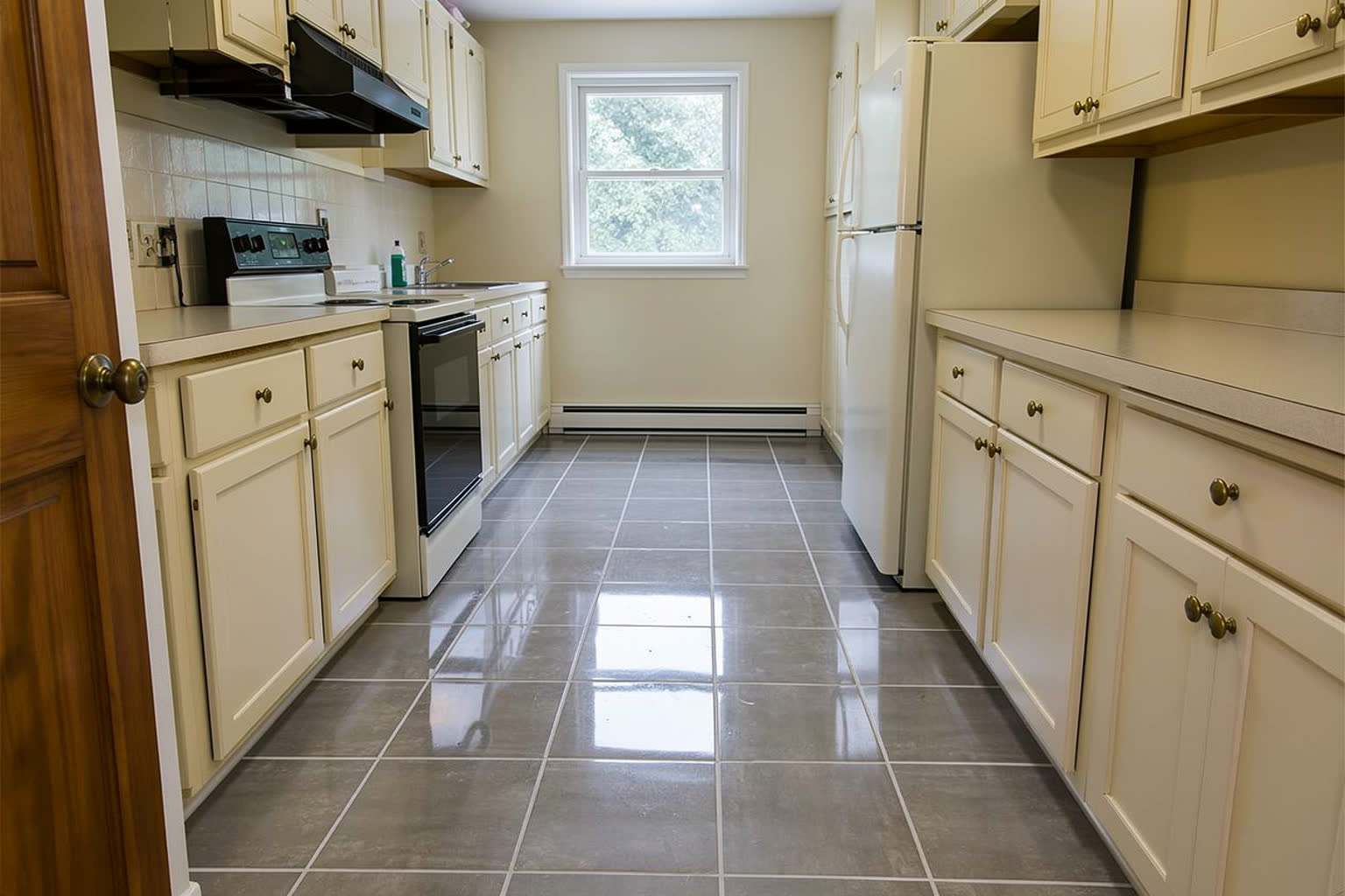 The same kitchen with large format gray porcelain floor tiles