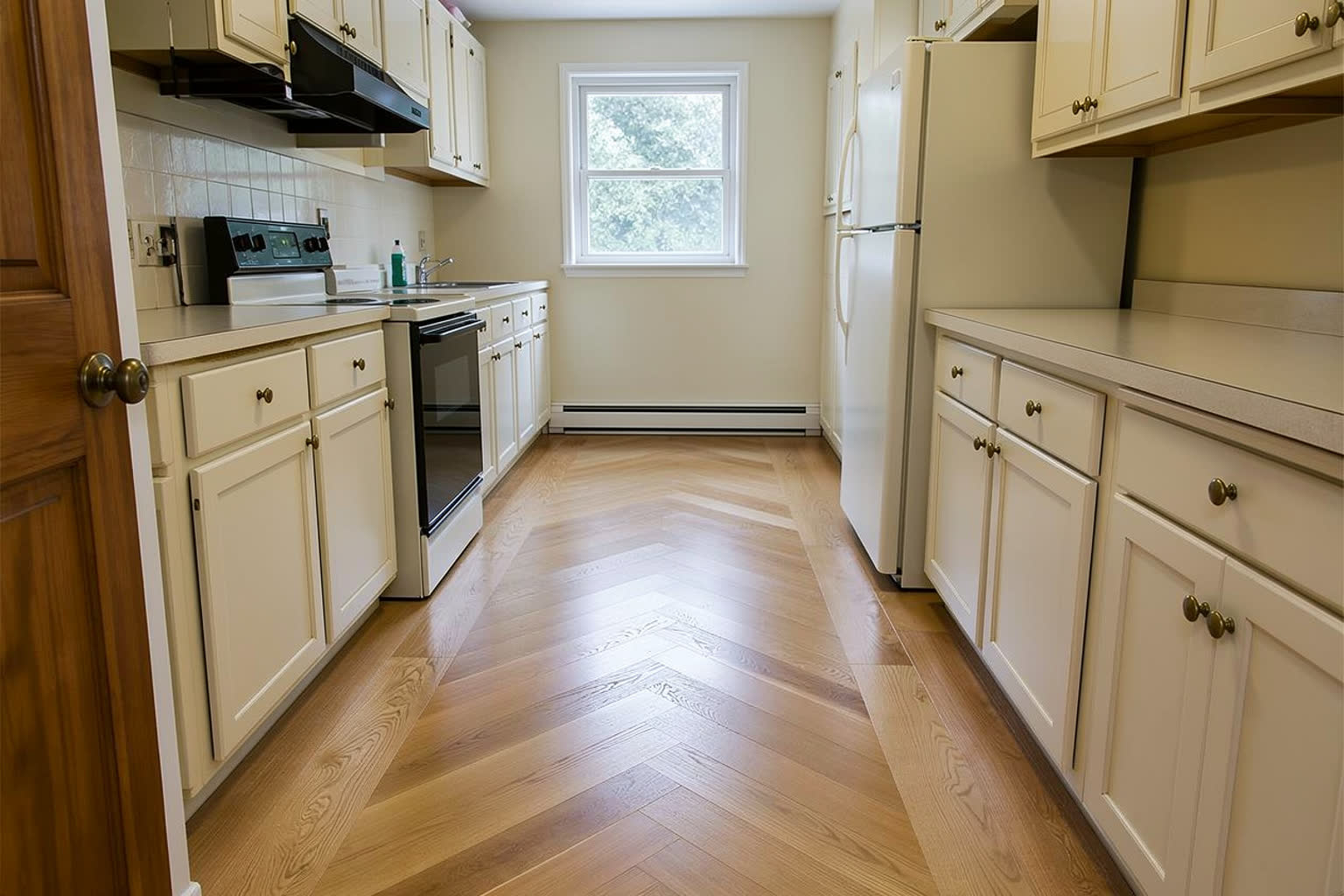 The same kitchen with a mid-brown herringbone parquet floor