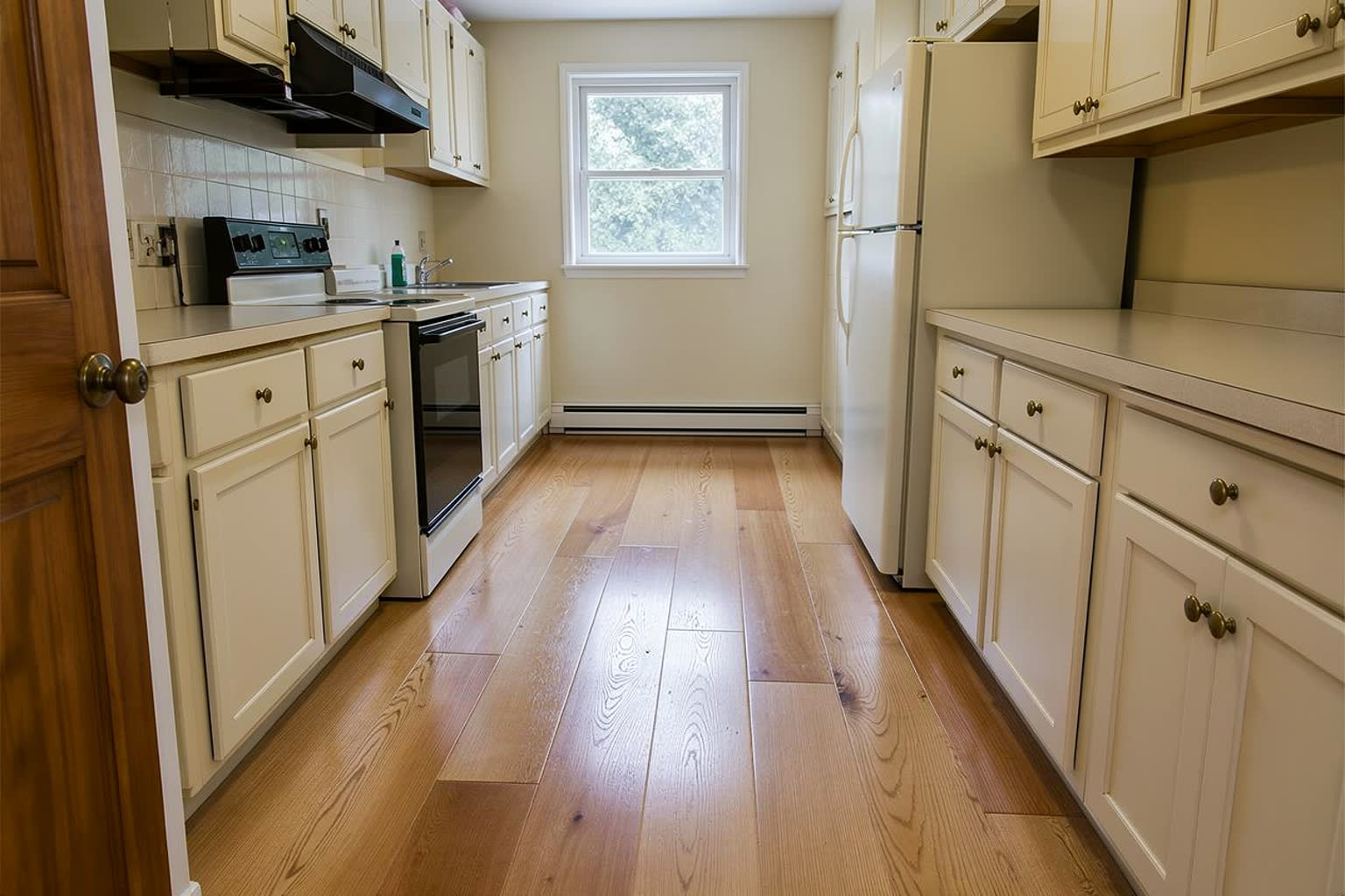 The same kitchen with an oak plank floor, cabinets and furniture unchanged