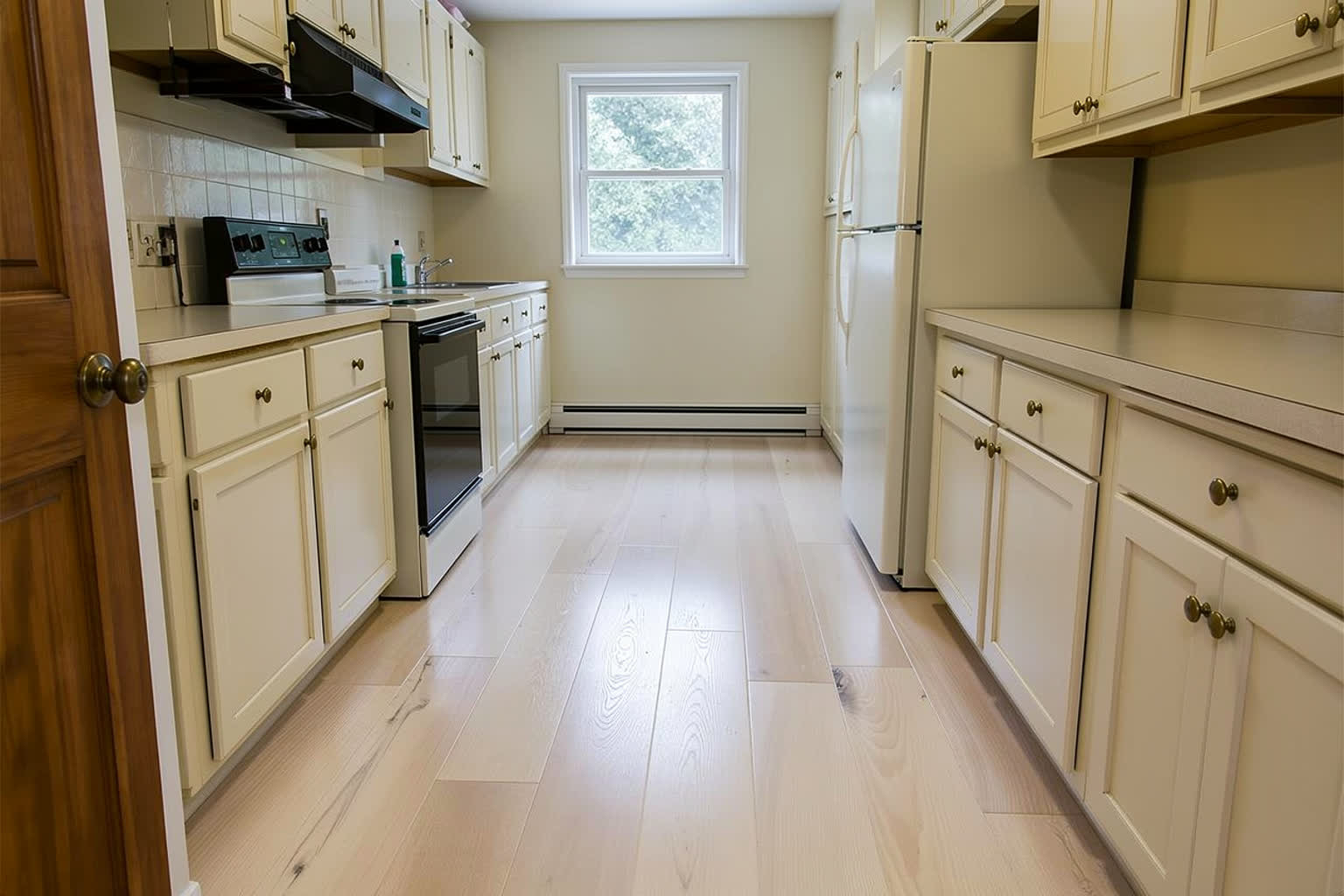 The same kitchen with a wide plank bleached pale oak floor