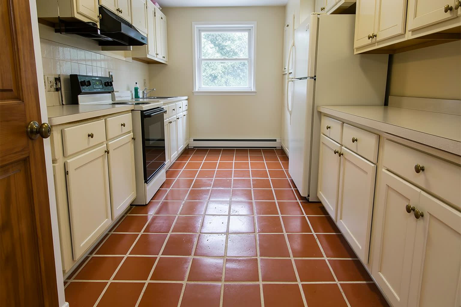 The same kitchen with a warm terracotta square quarry tile floor