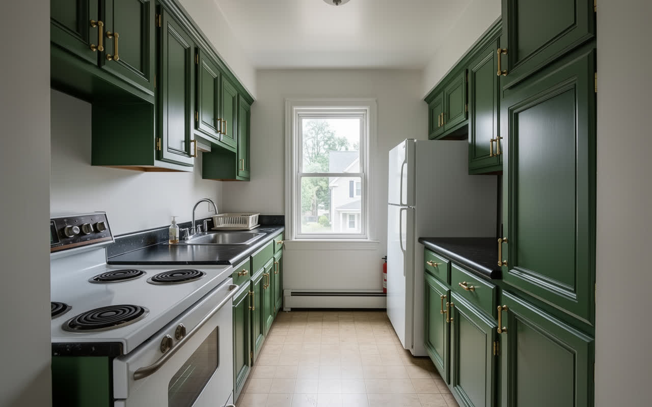 The same 1990s kitchen redesigned in a classic English style with deep green in-frame cabinets and brass hardware