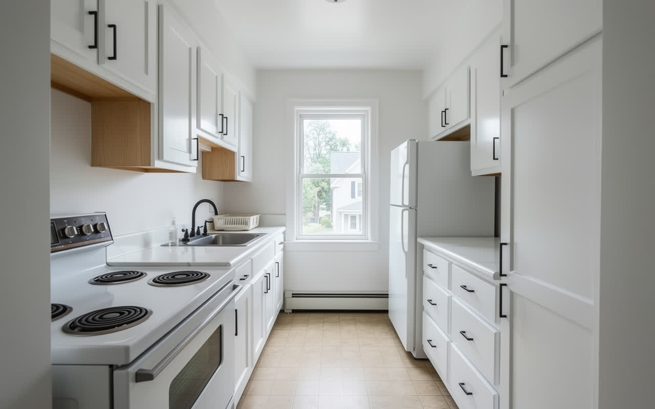 The same 1990s kitchen redesigned in a modern farmhouse style with white shaker doors and black hardware