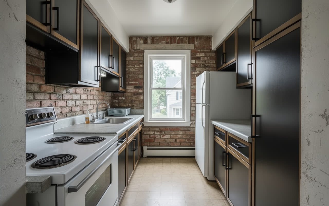 The same 1990s kitchen redesigned in an industrial style