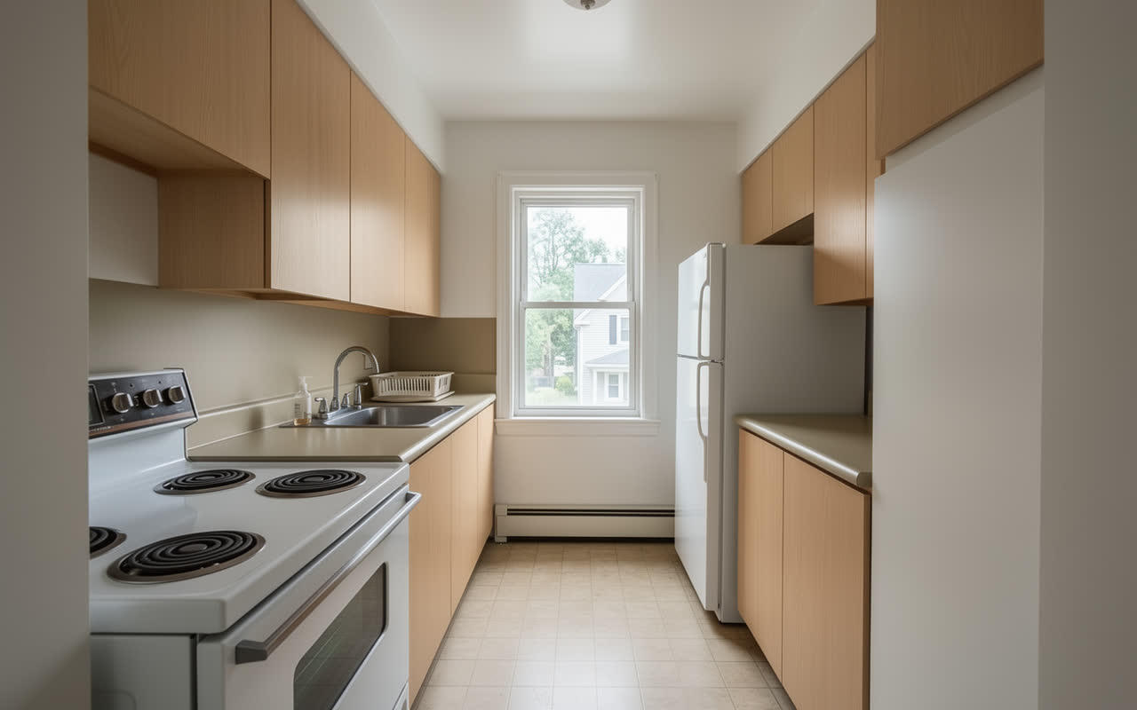 The same 1990s kitchen redesigned in a Japandi style