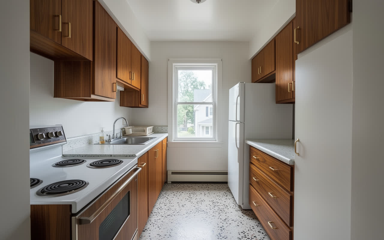The same 1990s kitchen redesigned in a mid-century modern style with walnut slab fronts and brass pulls