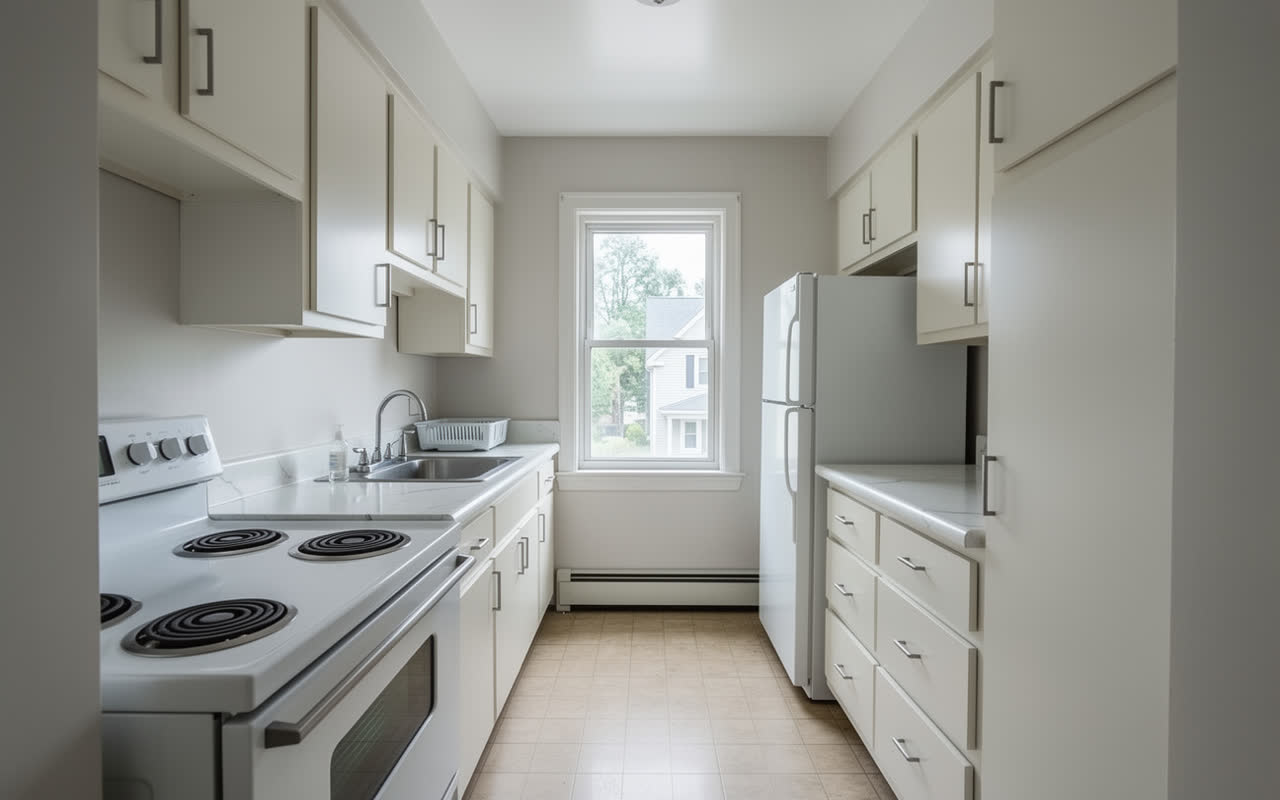 The same galley kitchen redesigned in a modern style, with the window, door and appliances in the same positions