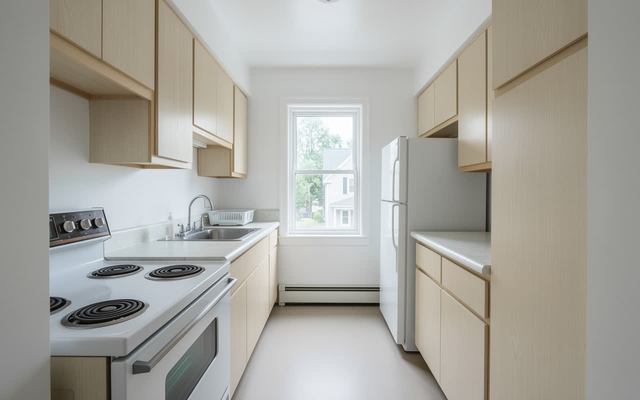 The same 1990s kitchen redesigned in a Scandinavian style