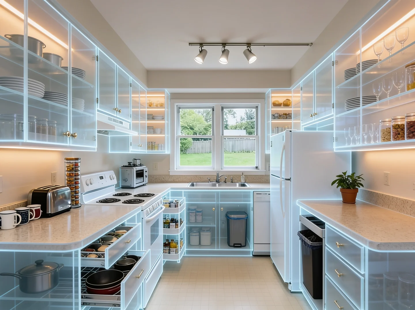 A galley kitchen x-rayed, showing a pull-out waste bin under the counter and stacked plates in the wall cabinets