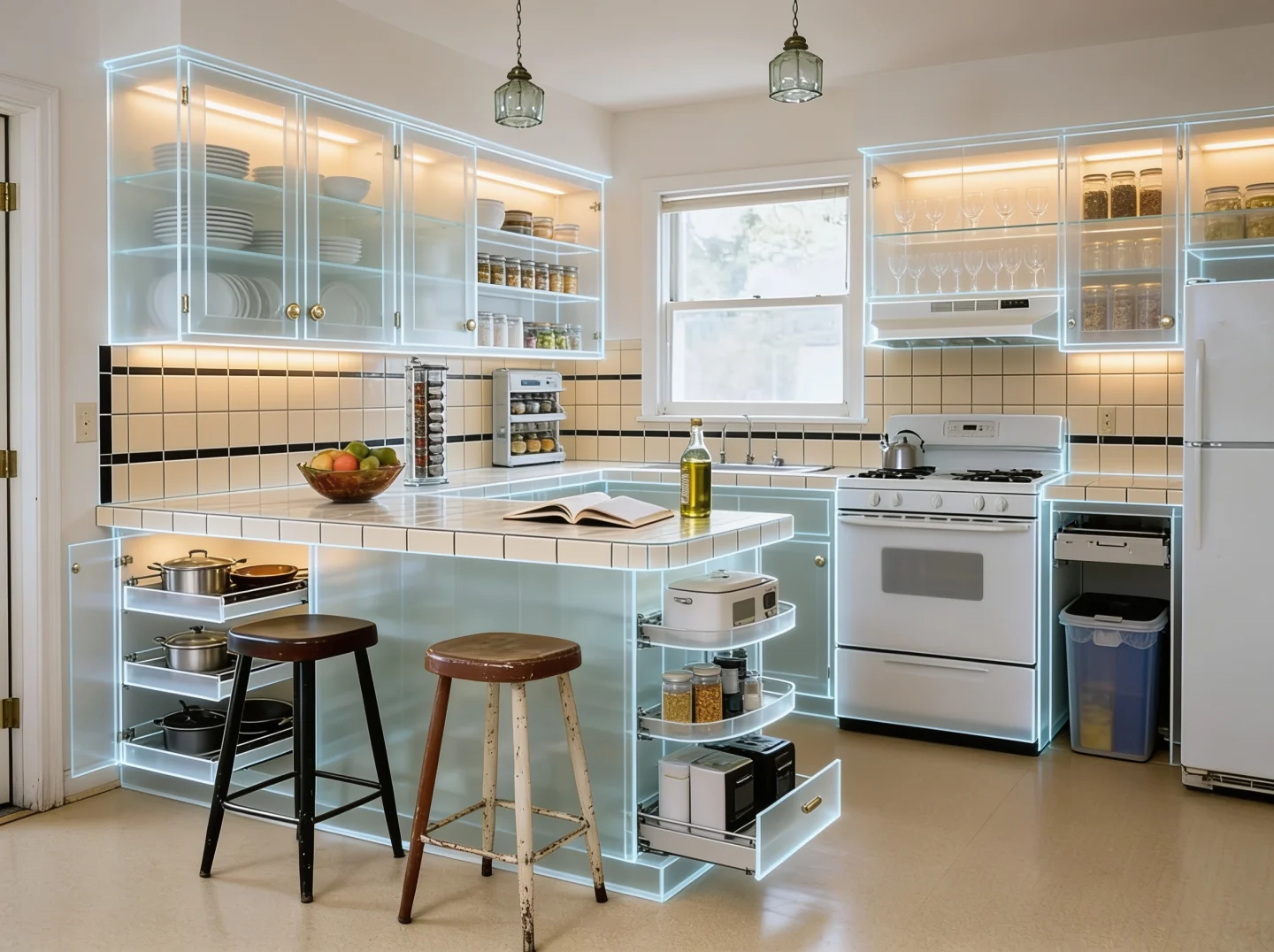 The same kitchen with every cabinet door turned to frosted glass, showing stacked plates, jars, a pull-out waste bin and three pull-out trays of pans inside the island. The stools, the fruit bowl, the book, the bottle of oil and the kettle have not moved. The run has also stood a spice carousel and a small countertop unit on a stretch of counter that was bare in the photograph
