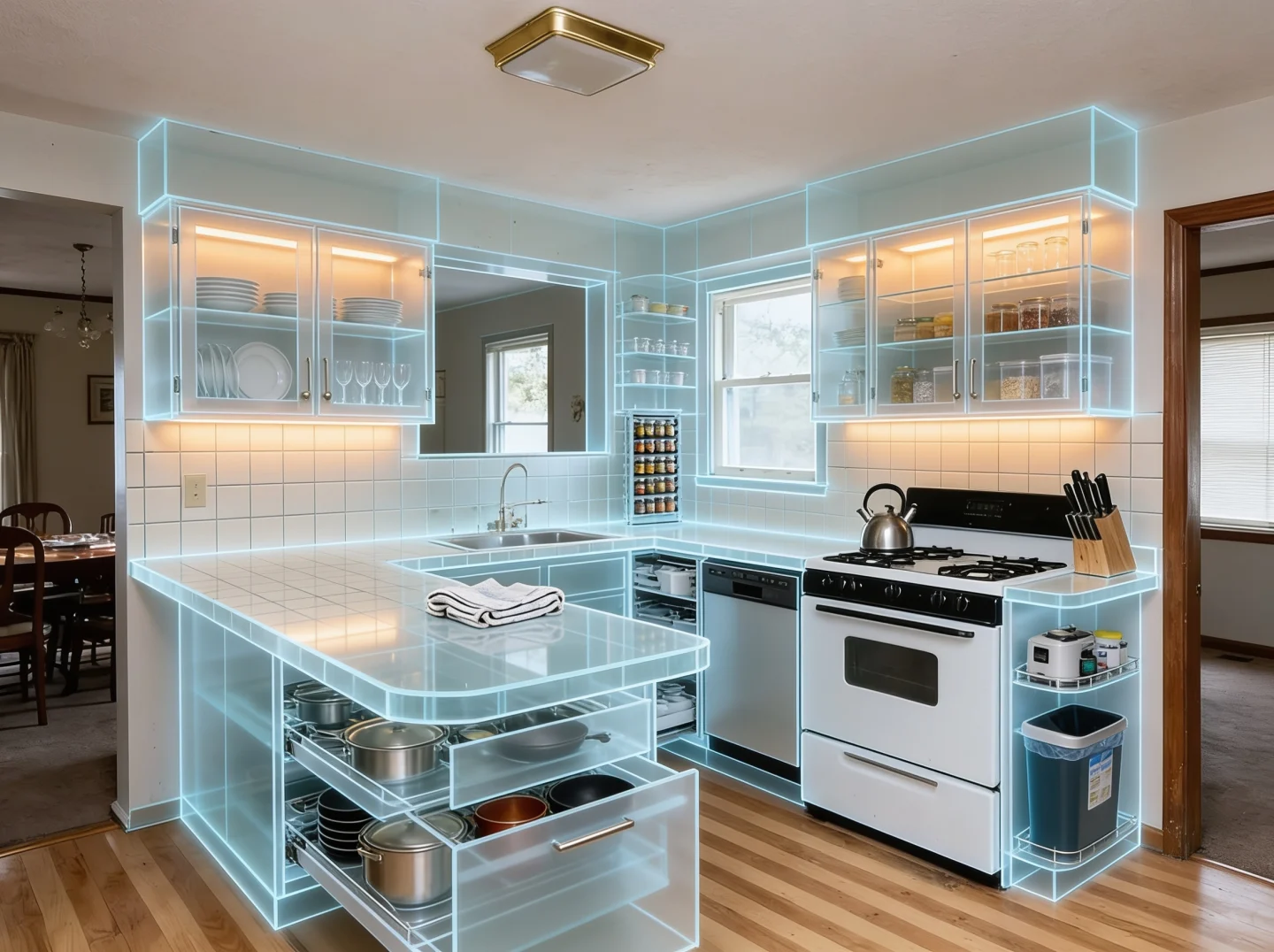 A kitchen with a tiled peninsula x-rayed, showing stacked pans in the peninsula drawers, glassware in the wall cabinets, and a rack of spice jars standing in the corner by the window