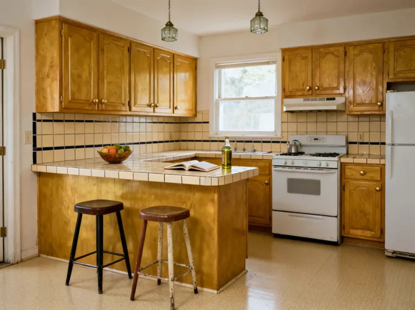 A honey oak kitchen with a tiled island, two stools, a fruit bowl, an open book and a bottle of oil on the counter, and every cabinet door shut