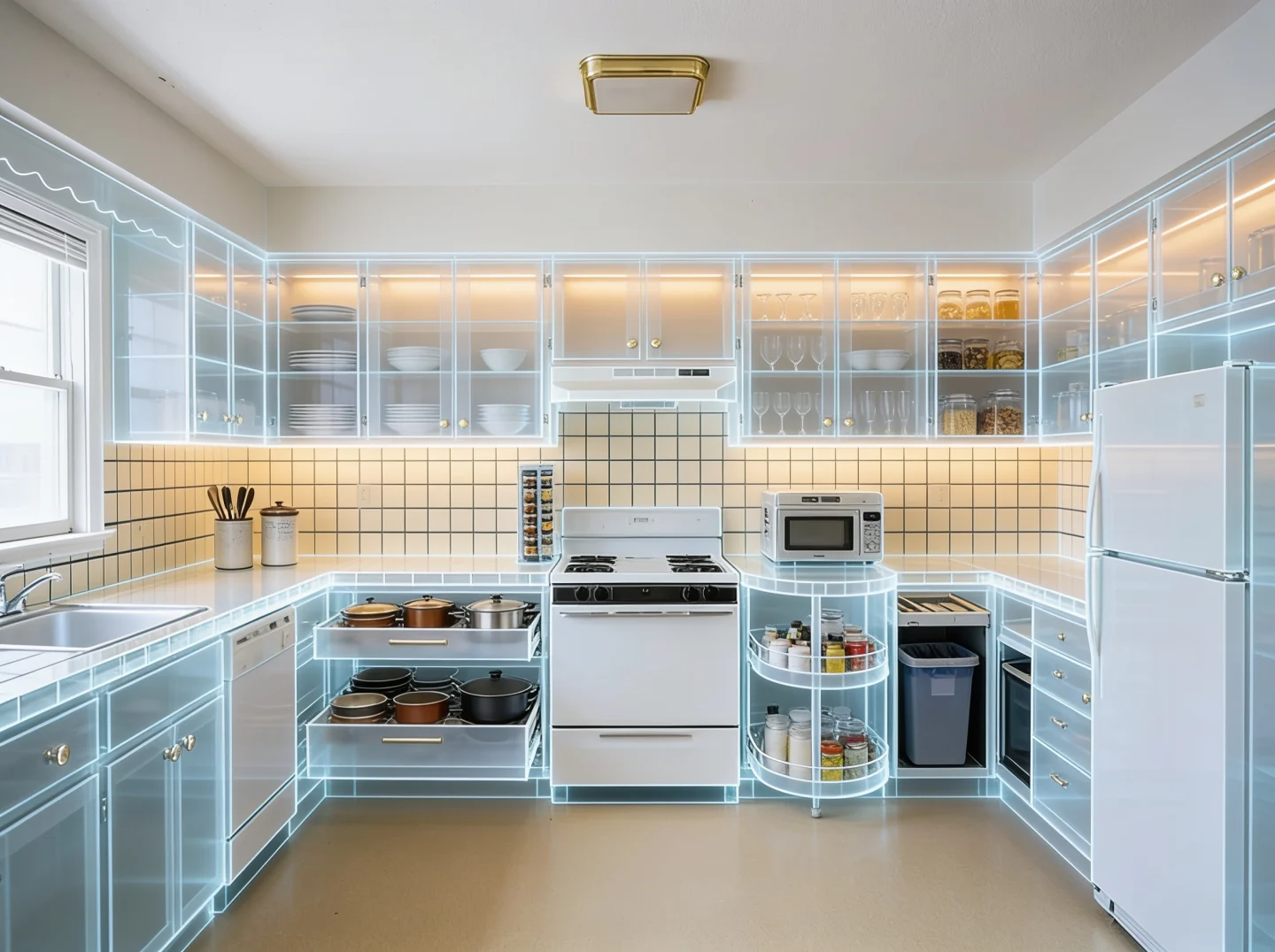 A U-shaped oak kitchen x-rayed, showing stacked plates, wine glasses and jars in the wall cabinets and pans in the pull-out drawers below