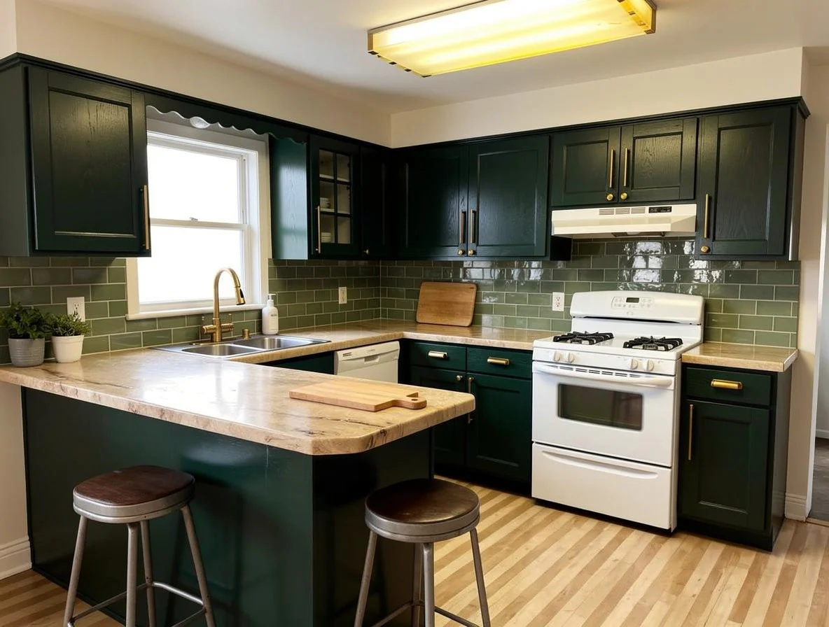 The same kitchen restyled to a deep green and brass moodboard, with dark green cabinets, brass handles and tap, a pale veined stone counter and a green glazed tile backsplash. The layout, the window and the range are where they were. The two stools are still at the peninsula, but they come back re-finished and matched to each other, both now with brown seats on metal legs