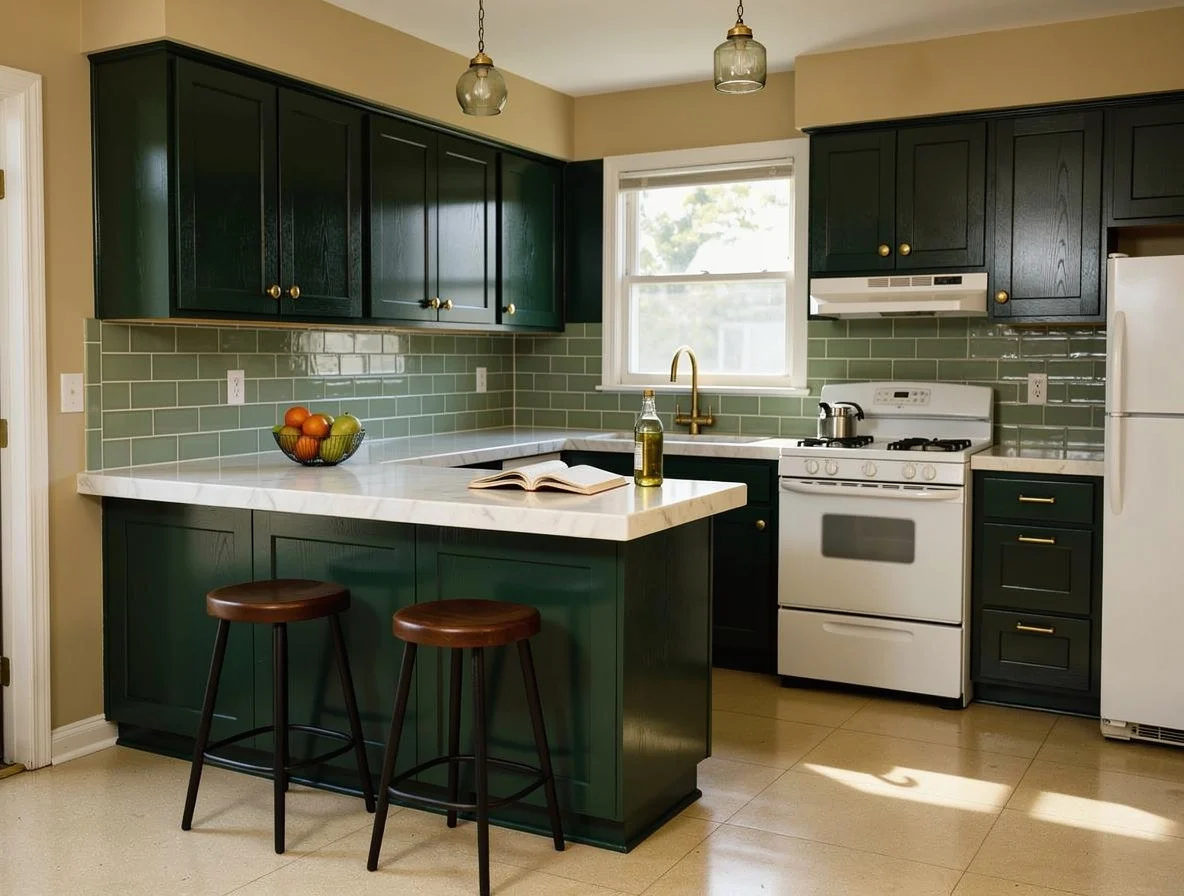 A honey oak kitchen with an island restyled to deep green cabinets, a green tiled backsplash and a brass tap
