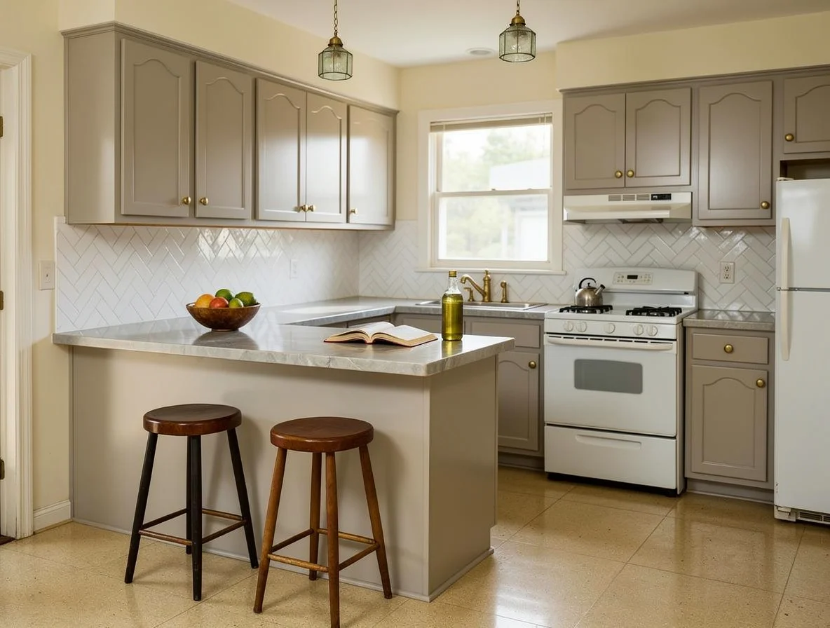 The same honey oak kitchen restyled to warm grey cabinets, a white marble counter and a herringbone backsplash