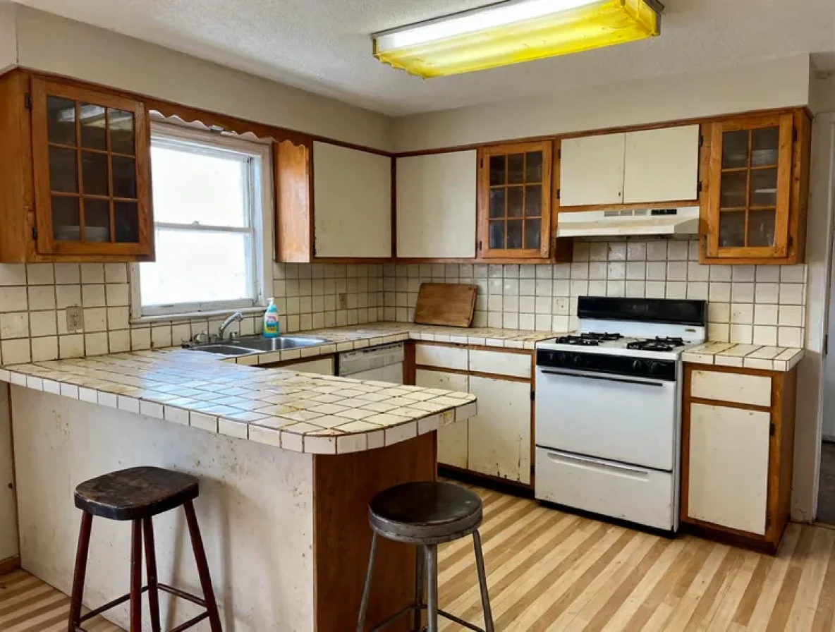 A dated kitchen with cream painted cabinets, wood-framed glass wall units, white tiled countertops and two stools at a peninsula