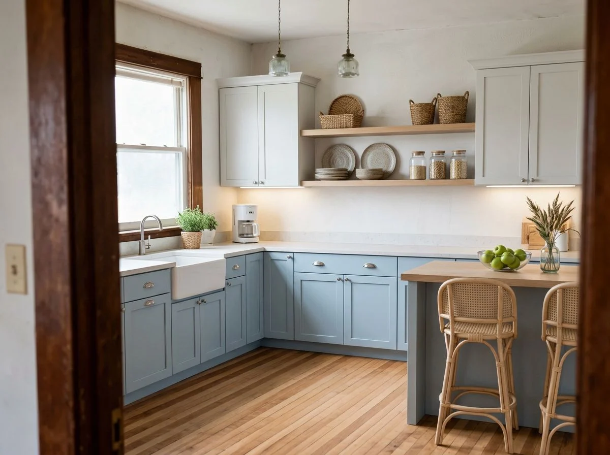The same empty room staged as a coastal kitchen with pale blue shaker units, an apron sink, open shelves and rattan stools