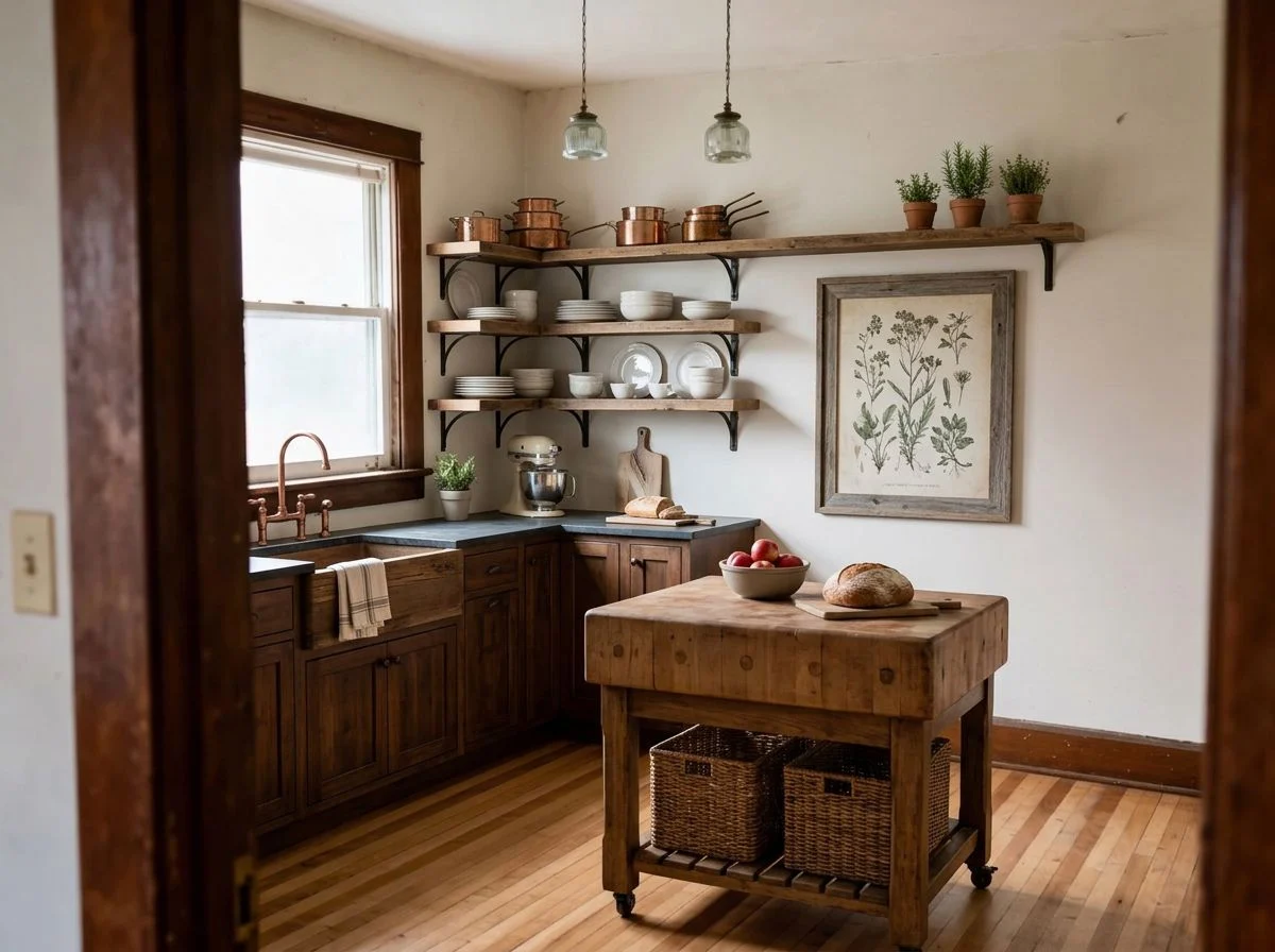 The same empty room staged as a farmhouse kitchen with dark wood units, an apron sink, a copper tap and a butcher block island