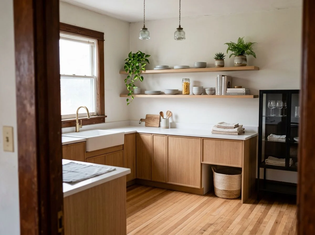 The same empty room staged as a Scandinavian kitchen with oak base units, a white counter, an apron sink and open shelves, under the same two pendants