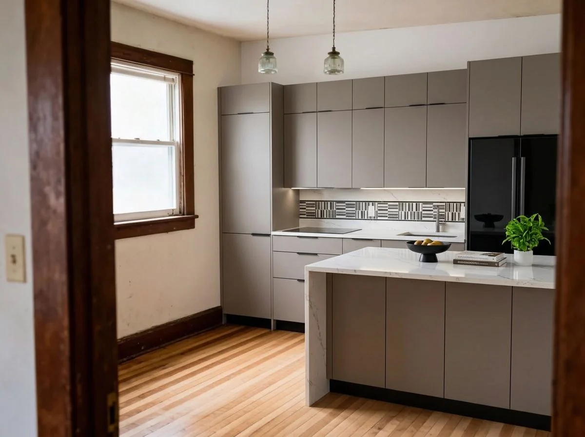 The same empty room staged as a modern kitchen with grey handleless units, a black fridge and an island