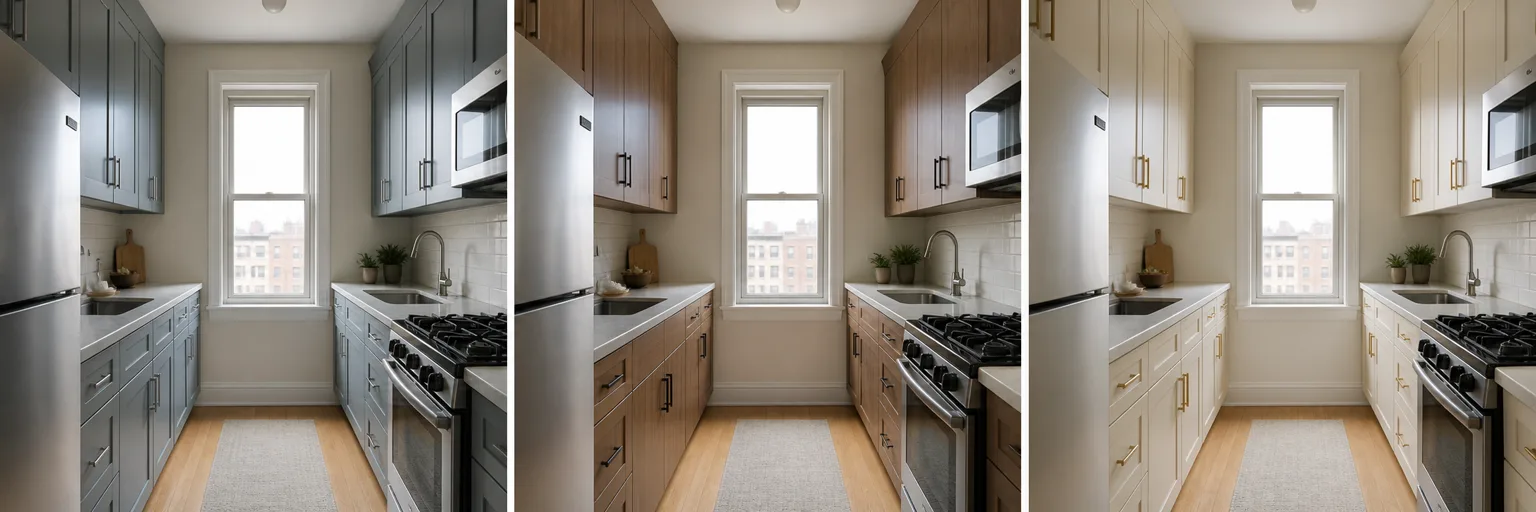 Three saved KitchenGPT kitchen design versions