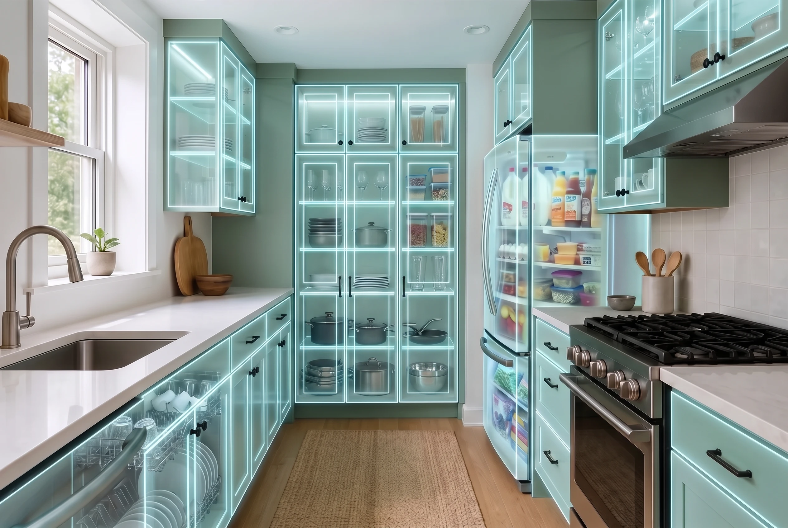 The same green galley kitchen with closed cabinet and appliance fronts rendered translucent so the organized storage is visible inside