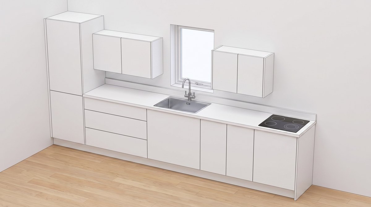 The kitchen in 2D before finishes are applied