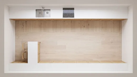 Top-down view of a galley kitchen with a peninsula