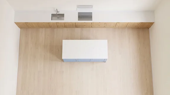 Top-down view of a one-wall kitchen with an island