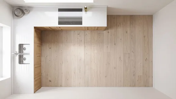 Top-down view of an L-shaped kitchen with cabinets on two walls meeting in a corner