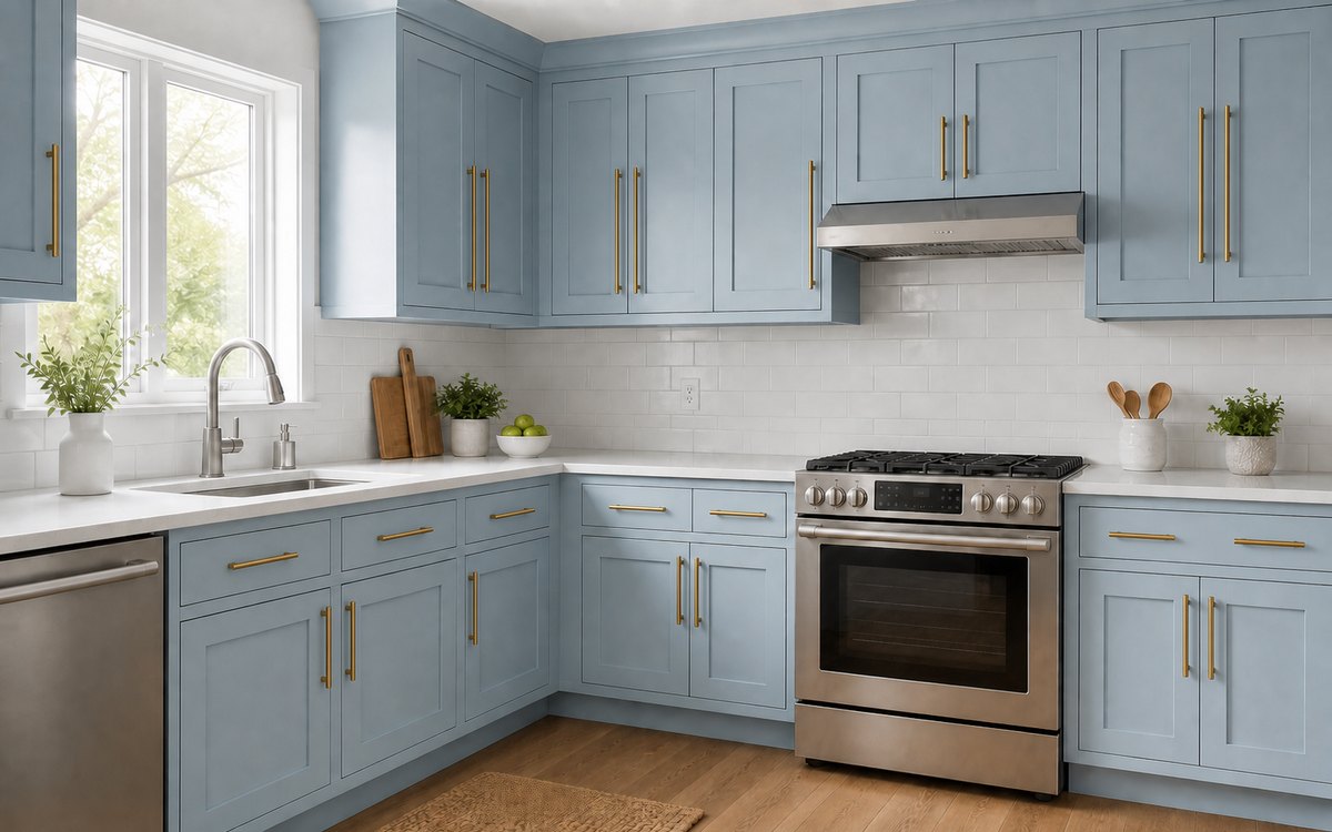 Pale blue shaker cabinets with warm brass bar handles