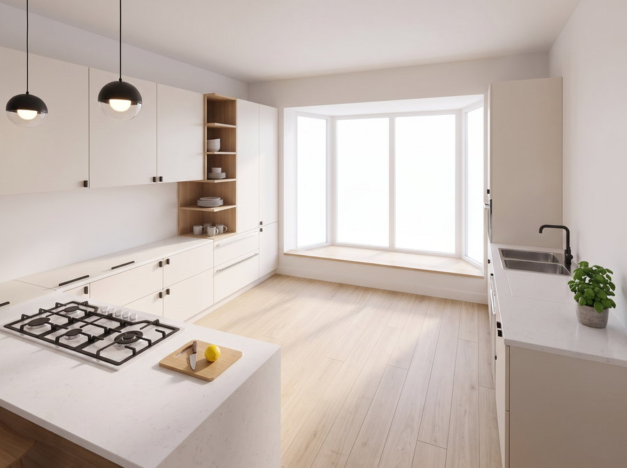 Photograph taken from inside the same kitchen, at standing height