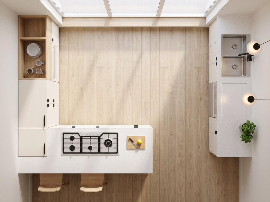 Photoreal view of the same kitchen from directly above, built from the floor plan