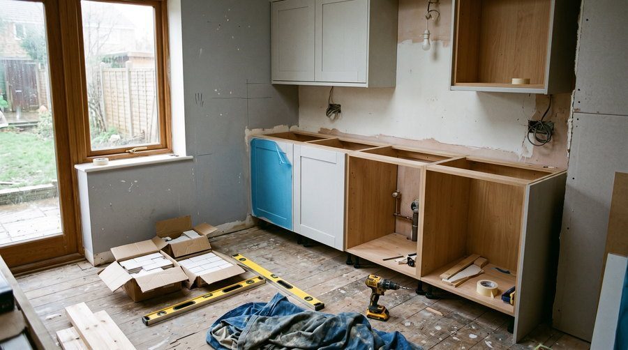 A kitchen part way through installation with unfinished cabinets and building materials on the floor